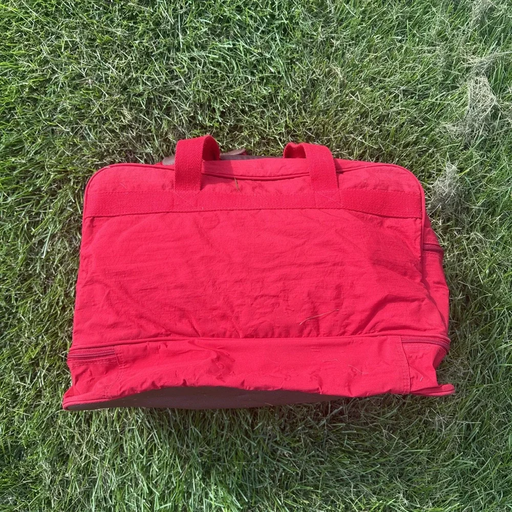 Vintage Marlboro Country Store Travel Duffle Bag Red Leather Straps Plaid Lined